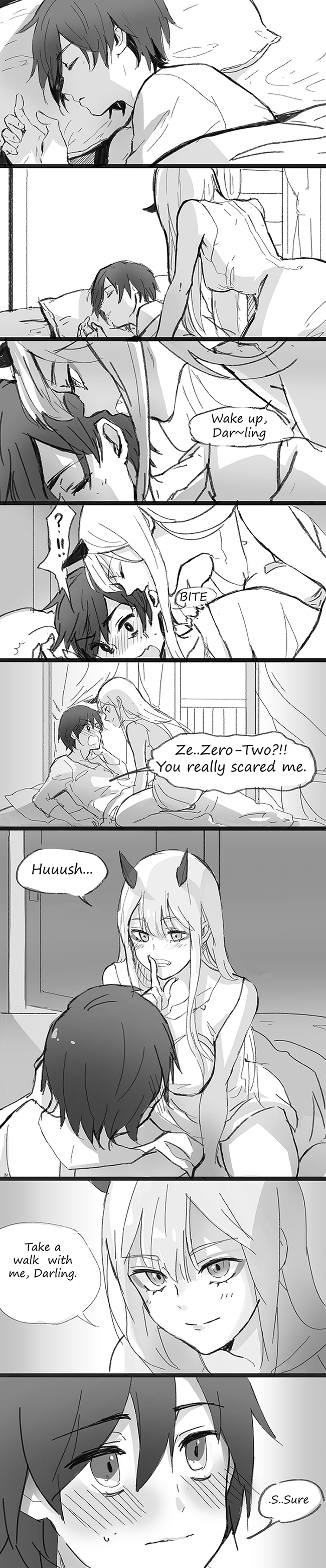 1boy 1girl bare_shoulders blush breasts comic commentary_request couple darling_in_the_franxx eyebrows_visible_through_hair eyes_closed fangs finger_to_mouth fringe greyscale hiro_(darling_in_the_franxx) horns large_breasts long_hair looking_at_another monochrome nakadai_chiaki on_back on_side oni_horns pajamas pillow sheet short_hair sleeping speech_bubble upright_straddle zero_two_(darling_in_the_franxx)