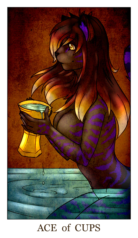 ace_of_cups_(tarot) anthro black_fur blonde_hair breasts brown_hair card cat cleavage clothed clothing cup feline female feralise fur hair mammal minor_arcana multicolored_hair nite_(nitetigrezz) nude purple_fur solo tarot_card water yellow_eyes