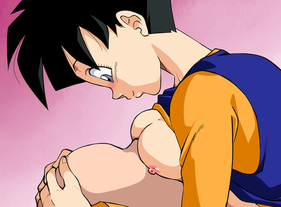 1girl areolae between_breasts black_hair blue_eyes blush breast_press breasts breasts_outside closed_mouth dragon_ball dragonball_z faceless hand_on_another's_head happy highres looking_down medium_breasts multicolored_shirt nipples no_bra old_school_academy shirt shirt_lift short_hair simple_background smile solo_focus videl