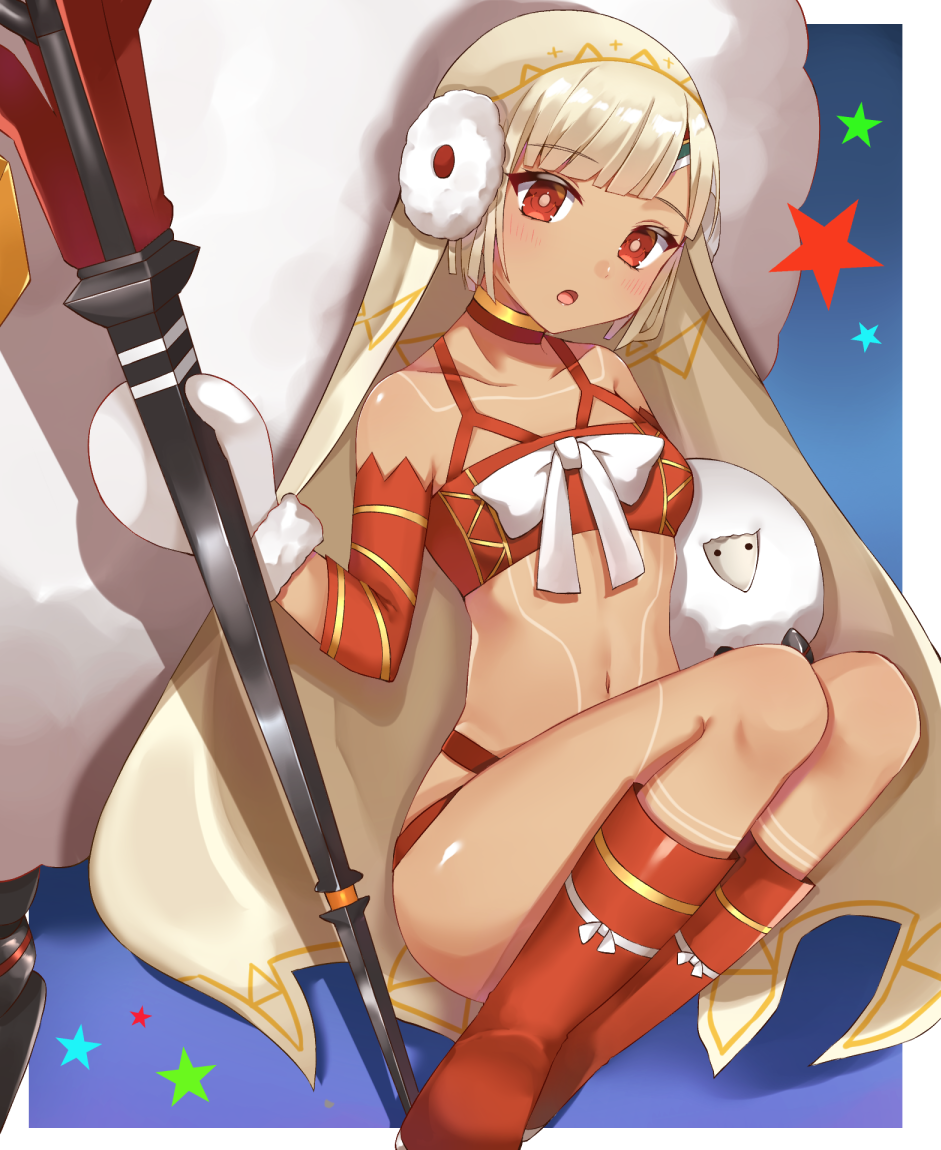 1girl :o altera_(fate) altera_the_santa animal armpit_crease bandeau bangs bare_shoulders blue_background blush boots breasts brown_hair choker collarbone commentary_request dark_skin detached_sleeves earmuffs eyebrows_visible_through_hair fate/grand_order fate_(series) head_tilt holding holding_staff itoi_toi knee_boots legs_up long_sleeves looking_at_viewer mittens navel parted_lips red_eyes red_footwear revealing_clothes sheep shiny shiny_hair short_hair small_breasts solo staff star thighs veil
