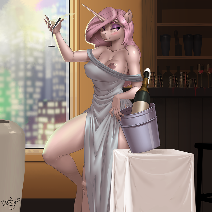 2018 5_fingers alcohol anthro areola beverage blush breasts bucket champagne cloth clothed clothing counter dress equine erect_nipples exposed_breasts eyebrows eyelashes eyeshadow female fleur_de_lis_(mlp) friendship_is_magic glass hair holding_object hooves horn inside kevinsano long_hair makeup mammal my_little_pony nipples open_mouth open_smile pink_hair portrait pose purple_eyes signature skyscraper smile solo stool sunlight thick_thighs unicorn vase window wine_glass