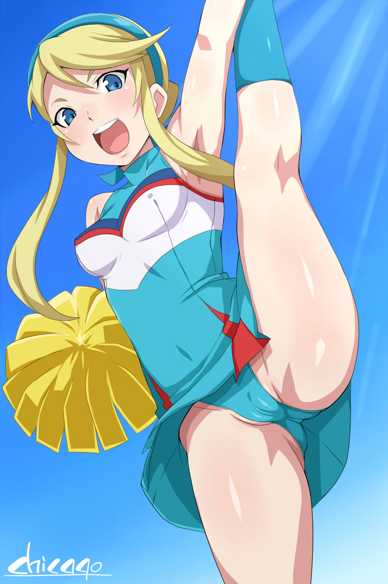 aqua_panties blonde_hair blue_eyes breasts cameltoe cheerleader covered_nipples hairband heroman highres leg_lift lina_davis panties pom_poms shikapu shiny shiny_skin sidelocks signature sleeveless small_breasts solo standing standing_on_one_leg underwear