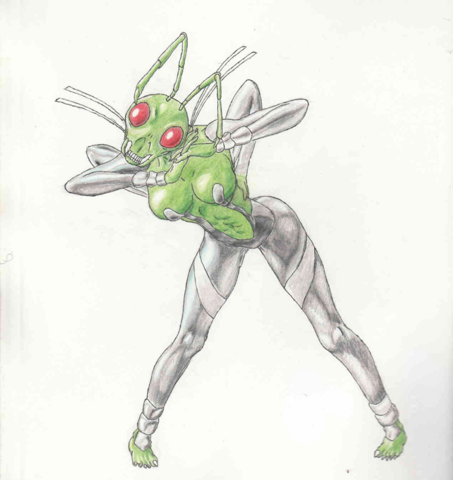 4_arms abdomen alien antennae armor arthropod barefoot bent_over big_breasts breasts claws clothed clothing compound_eyes female green_skin hands_folded hands_on_back insect looking_at_viewer mandibles mantis marvel metal multi_arm multi_limb muscular muscular_female offset pose red_eyes skimpy smile solo thick_thighs toes traditional_media_(artwork) unconvincing_armor wide_hips x-men