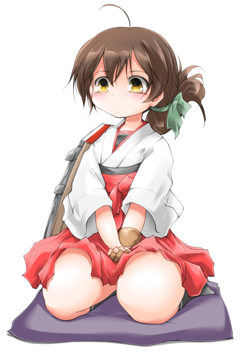 1girl ahoge anbee_(arary) black_legwear blush brown_gloves brown_hair female folded_ponytail full_body gloves green_ribbon hair_ornament hair_ribbon hakama_skirt hands_together japanese_clothes kantai_collection kasuga_maru_(kantai_collection) kneehighs ribbon seiza simple_background single_glove sitting smile solo tied_hair v_arms white_background yellow_eyes