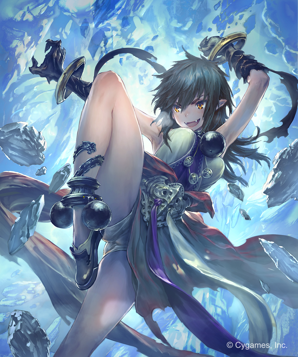 :d arm_up armor armpits black_hair breasts day fangs gauntlets grey_shorts highres hisakata_souji leg_up long_hair medium_breasts open_mouth orange_eyes outdoors outstretched_arm pointy_ears red_footwear shingeki_no_bahamut short_shorts shorts smile socks solo standing standing_on_one_leg white_legwear