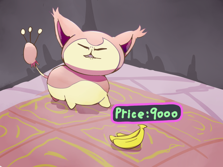 angry banana carpet food fruit fushigi_no_dungeon gen_3_pokemon no_humans pokemon pokemon_(creature) pokemon_fushigi_no_dungeon price skitty solo