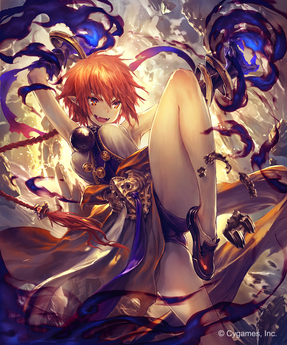 :d arm_up armor armpits breasts day fangs gauntlets grey_shorts highres hisakata_souji leg_up magic medium_breasts open_mouth orange_eyes outdoors outstretched_arm plantar_flexion pointy_ears red_footwear red_hair shingeki_no_bahamut short_hair short_shorts shorts smile socks solo standing standing_on_one_leg white_legwear