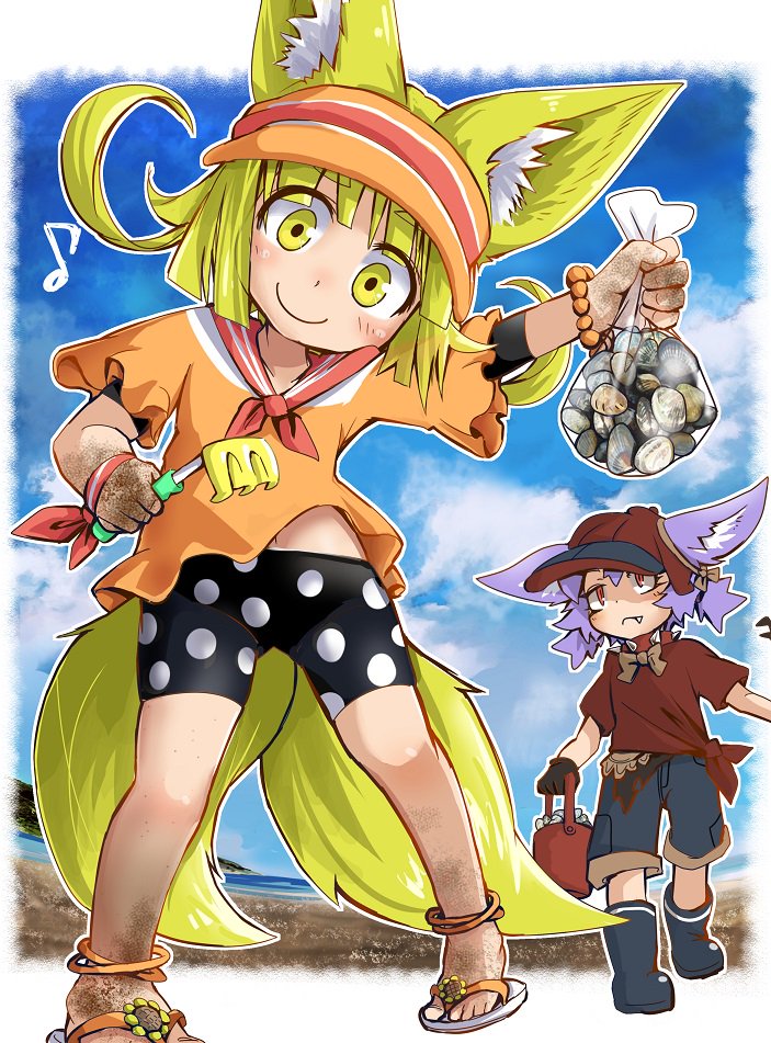 animal_ears bag blonde_hair blue_sky bucket clam dirty dirty_feet dog_child_(doitsuken) doitsuken fox_child_(doitsuken) fox_ears fox_tail looking_at_viewer multiple_girls multiple_tails musical_note original polka_dot_pants purple_hair rake red_eyes rock short_hair short_sleeves sky smile tail yellow_eyes