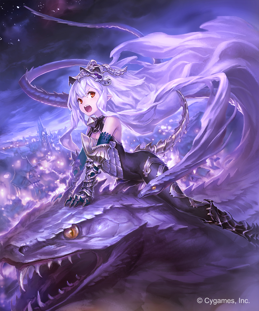 armored_boots black_bodysuit bodysuit boots breastplate city day detached_sleeves eyebrows_visible_through_hair floating_hair gauntlets hair_between_eyes highres hisakata_souji long_hair looking_away medusa_(shingeki_no_bahamut) medusiana open_mouth outdoors pointy_ears red_eyes riding shingeki_no_bahamut silver_hair sky snake star_(sky) starry_sky tail very_long_hair