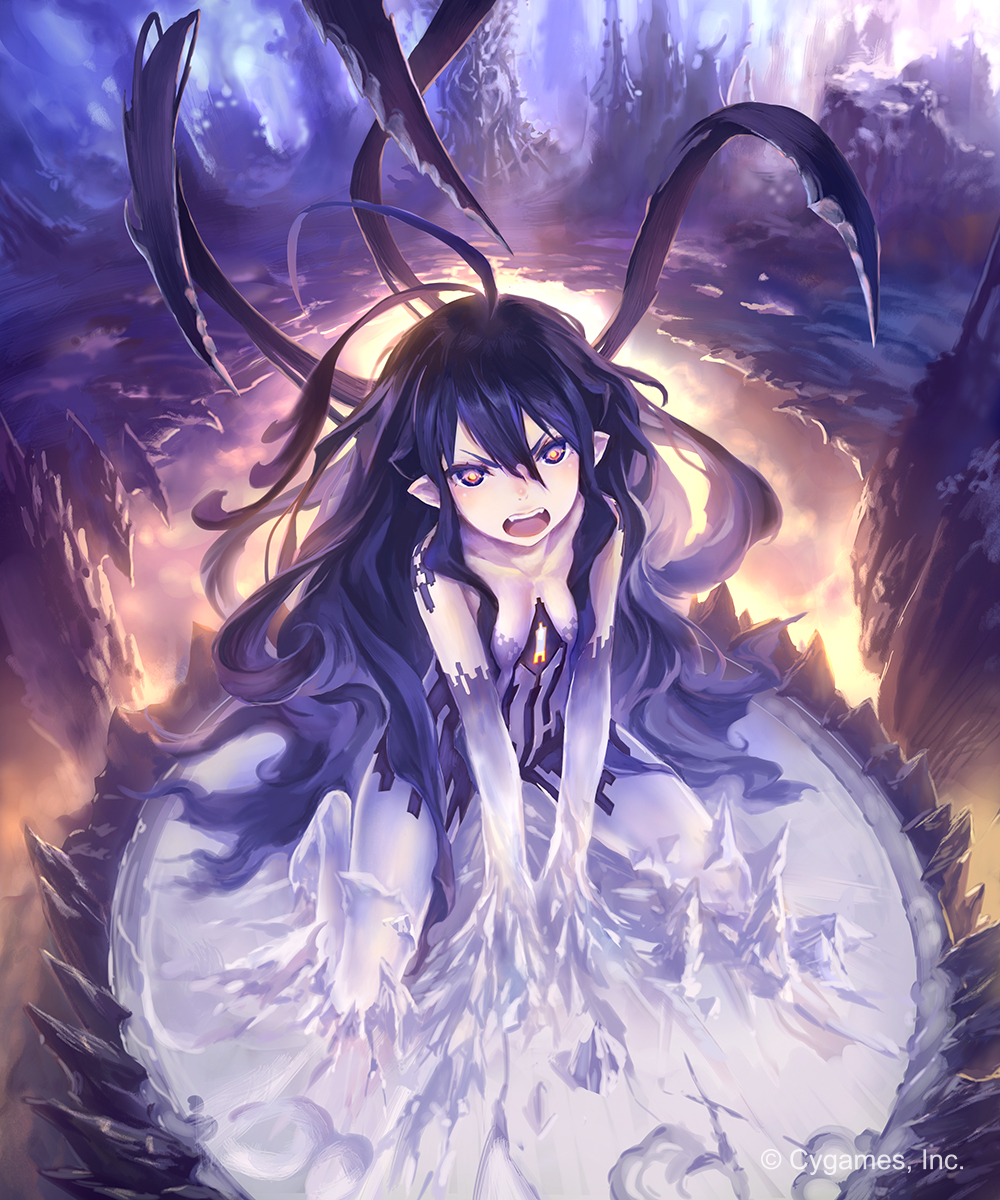 ahoge black_hair breasts brown_eyes detached_sleeves fangs floating_hair from_above full_body highres hisakata_souji kneeling long_hair looking_at_viewer open_mouth pointy_ears shingeki_no_bahamut small_breasts solo thighhighs very_long_hair white_legwear