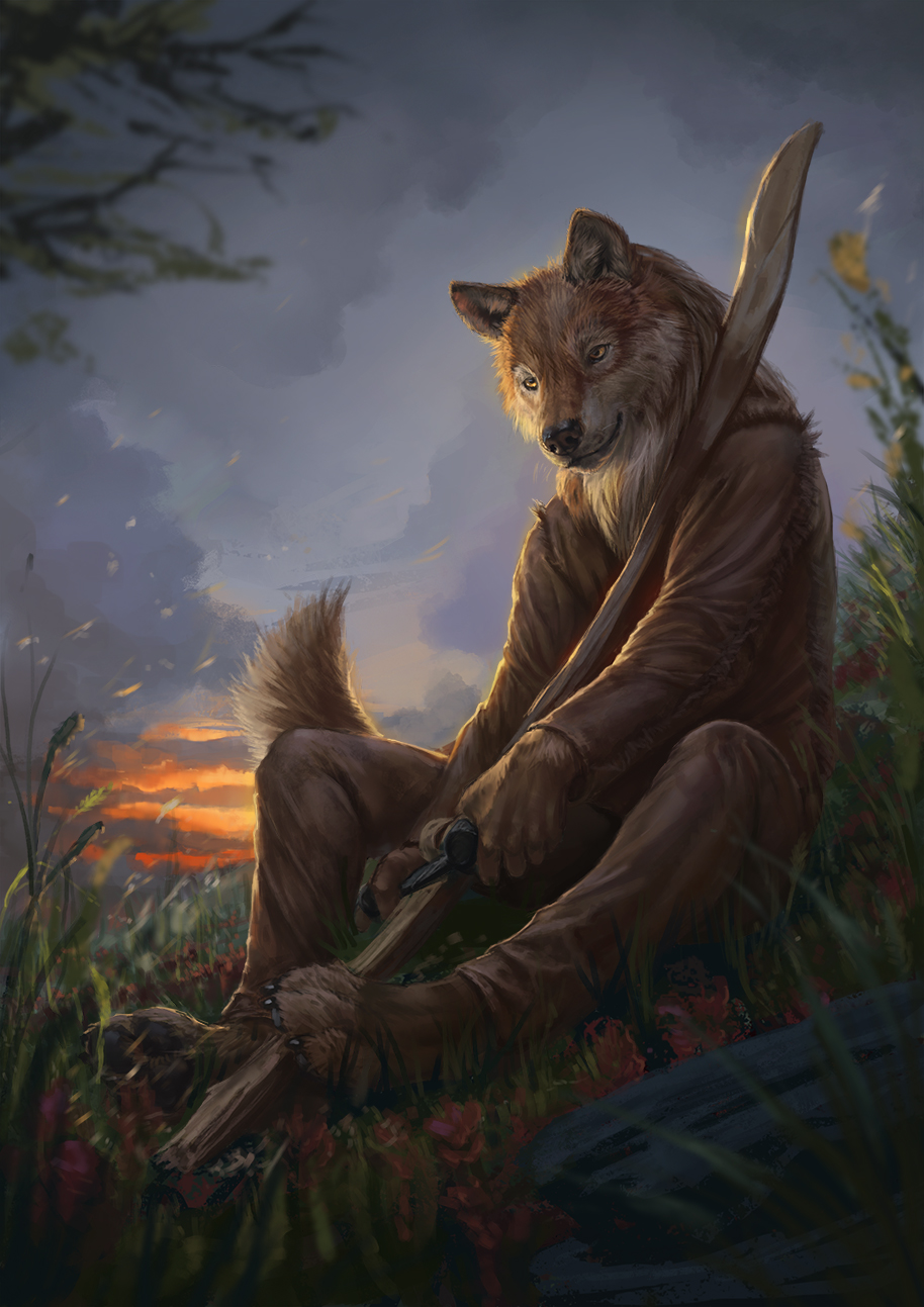 anthro black_nose canine carving claws clothed clothing conditional_dnp digitigrade holding_object inner_ear_fluff latex_(artist) looking_down male mammal neck_tuft outside pawpads plant rock sitting sky solo toe_claws tuft wolf yellow_eyes