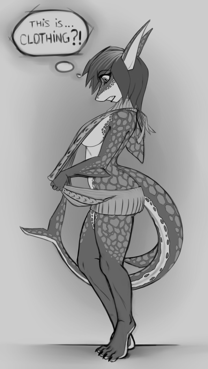 anthro bottomless breasts clothed clothing female fish kobraa marine raine_(alphasoldier) shark side_boob solo speech_bubble spots surprise sweater text virgin_killer_sweater