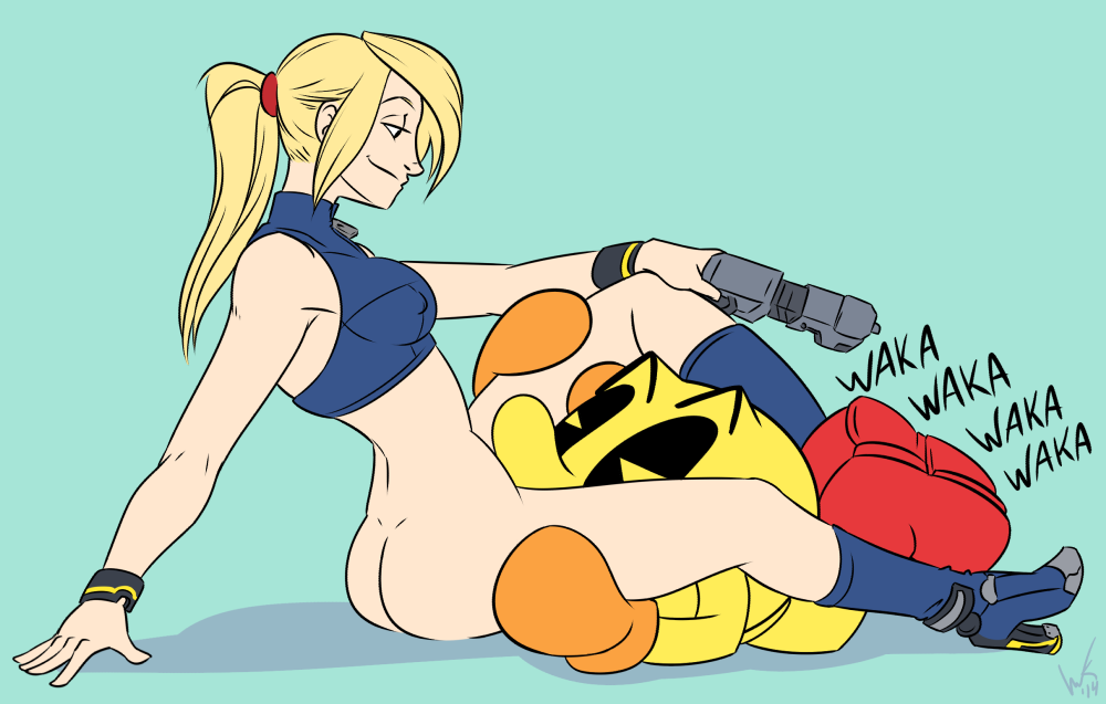 blonde_hair bottomless butt clothed clothing crossover duo female female_on_humanoid footwear gloves hair human human_on_humanoid humanoid inkasylum male male/female mammal metroid nintendo not_furry pac-man pac-man_(series) ponytail samus_aran sex signature simple_background super_smash_bros unknown_species video_games weapon