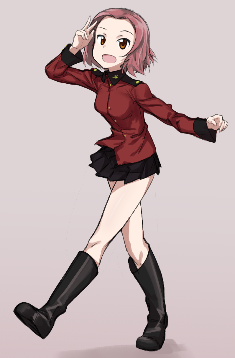 :d bangs black_footwear black_skirt boots brown_background brown_eyes epaulettes fankupl full_body girls_und_panzer highres jacket knee_boots long_sleeves looking_at_viewer military military_uniform miniskirt open_mouth parted_bangs pleated_skirt red_hair red_jacket rosehip salute shadow short_hair skirt smile solo st._gloriana's_military_uniform standing two-finger_salute uniform w walking