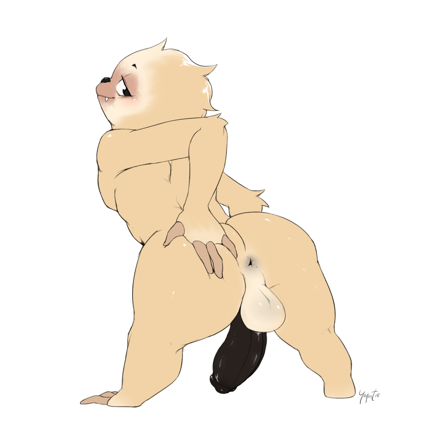 anthro anus backsack balls big_butt big_penis butt hand_on_butt humanoid_penis looking_back male mammal nude penis slightly_chubby sloth smile solo standing thick_thighs yogoat