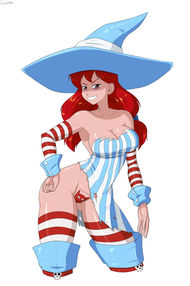 1girl bare_shoulders breasts brown_eyes canime cleavage detached_sleeves grin large_breasts long_hair maebari red_hair smile solo standing striped striped_legwear striped_sleeves thigh_boots thighhighs twintails wendy's wendy_(wendy's) witch