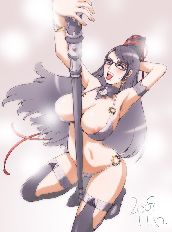 areolae armband armpits bad_id bad_pixiv_id bayonetta bayonetta_(character) between_breasts black_hair boots bra bracelet breasts cleavage eyeshadow huge_breasts jewelry konkitto lingerie lipstick long_hair lowleg lowleg_panties makeup mole mole_under_mouth one_eye_closed panties pole pole_dancing smile solo squatting stripper stripper_pole thigh_boots thighhighs thong underwear very_long_hair