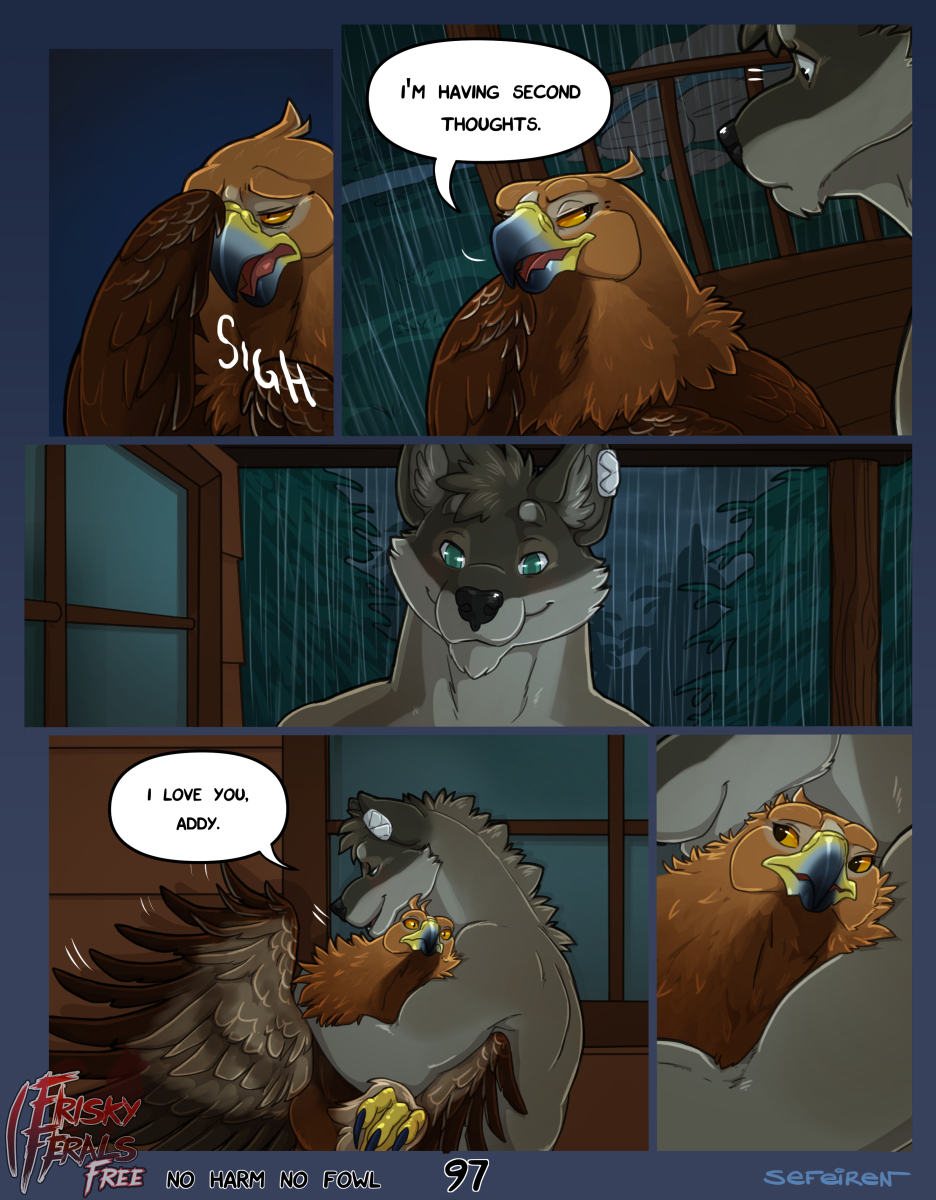 addison_(frisky_ferals) anthro avian bandage beak bird blush brown_eyes brown_feathers cabin canine claws comic conditional_dnp creek devon_(frisky_ferals) dialogue digital_media_(artwork) english_text facepalm feathers female feral forest frisky_ferals fur green_eyes grey_fur hindpaw hug male mammal no_harm_no_fowl open_mouth orange_sclera outside paws porch raining sefeiren speech_bubble text tongue tree window wings wolf