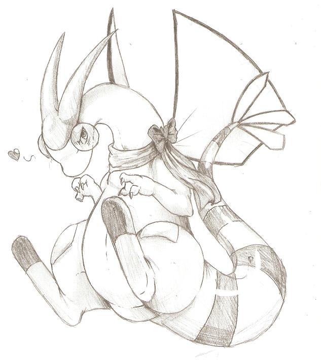 &lt;3 2009 flygon inkcookie looking_at_viewer monochrome nintendo pok&eacute;mon pok&eacute;mon_(species) scarf solo traditional_media_(artwork) video_games