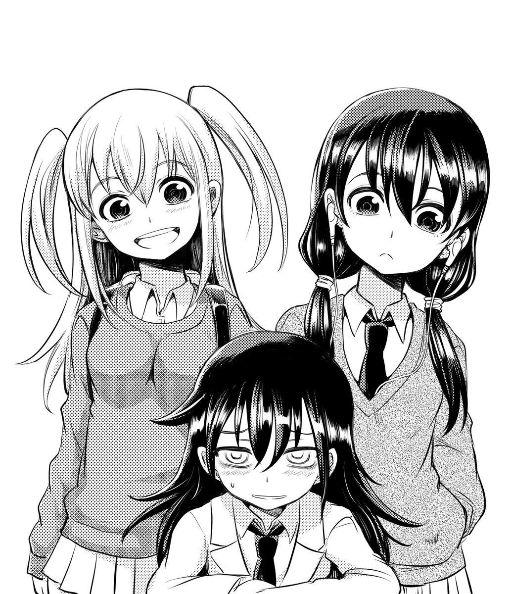 black_hair blush cardigan hands_in_pockets highres kuroki_tomoko long_hair monochrome necktie nemoto_hina newsprint_texture smile tamura_yuri twintails watashi_ga_motenai_no_wa_dou_kangaetemo_omaera_ga_warui!