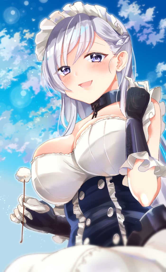 apron azur_lane bangs bare_shoulders belfast_(azur_lane) blue_eyes blue_sky blush braid breasts buttons chain cleavage cloud collar commentary_request corset eyebrows_visible_through_hair french_braid frilled_apron frilled_gloves frills gauntlets gloves large_breasts long_hair looking_at_viewer maid maid_apron maid_headdress mimikaki nekomiya_noru_(yuduki710) open_mouth sky smile solo white_apron white_gloves white_hair