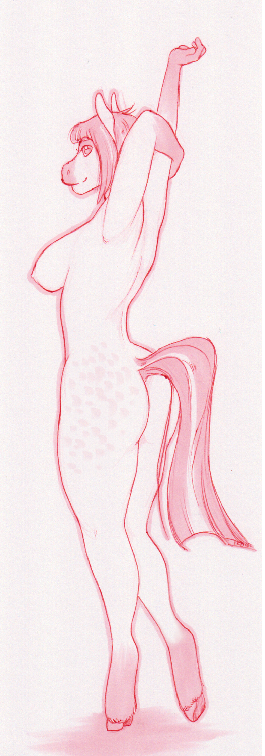 anthro big_breasts breasts butt equine female fur hair horse iko mammal monochrome nipples nude pink_fur pink_hair rose_(dgoph) simple_background sketch smile solo stretching