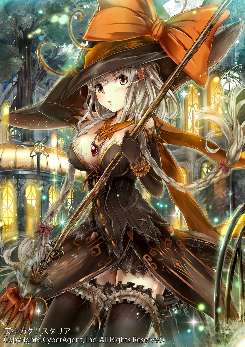 bow braid breasts broom brown_eyes brown_gloves brown_hat brown_legwear cleavage dress elbow_gloves fantasy gloves grey_hair hair_ornament hat hat_bow highres holding holding_broom house jewelry long_hair medium_breasts moka._tapioka necklace official_art orange_bow ribbed_dress sparkle standing tenkuu_no_crystalia thighhighs tree twin_braids watermark witch witch_hat wristband