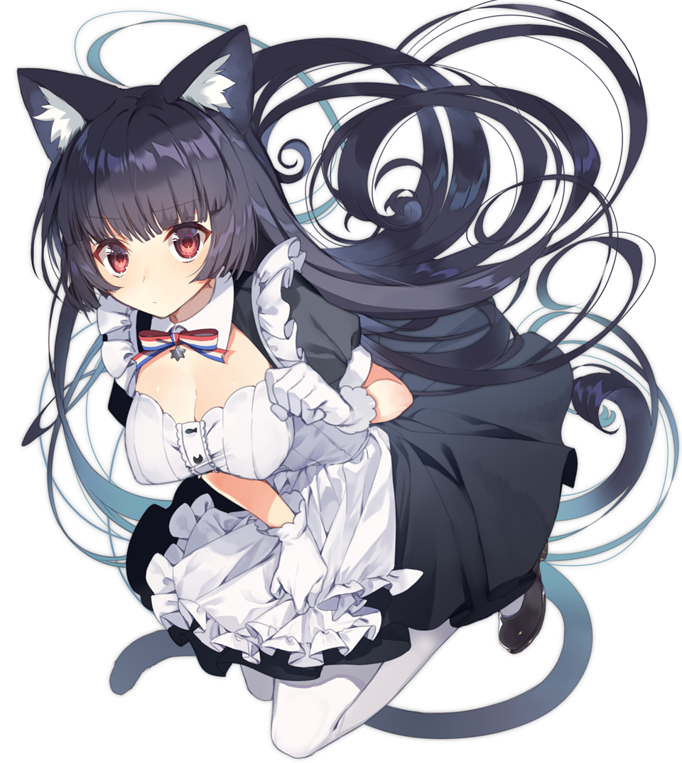 animal_ears apron bangs banned_artist black_dress black_footwear black_hair breasts cat_ears cleavage closed_mouth commentary_request dress eyebrows_visible_through_hair frilled_apron frills gloves jumping long_hair looking_at_viewer maid maid_apron medium_breasts original puffy_short_sleeves puffy_sleeves red_eyes shoes short_sleeves simple_background solo tareme very_long_hair white_apron white_background white_gloves white_legwear yusano