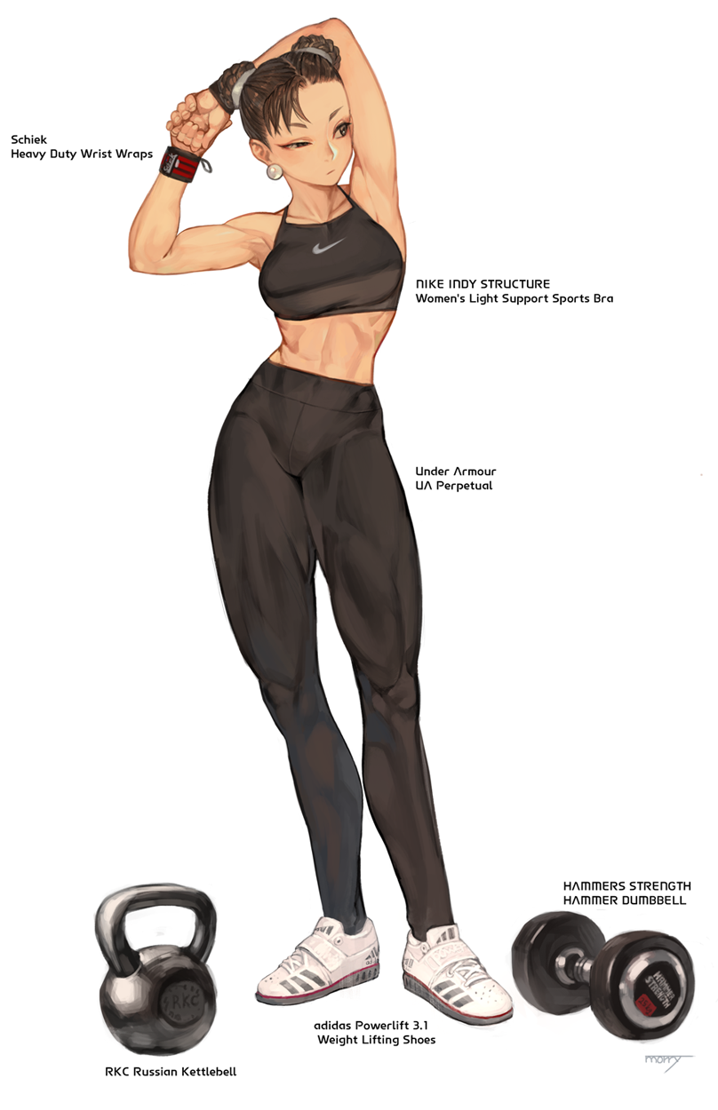abs adidas armpits arms_up biceps bracelet breasts brown_hair casual chun-li commentary_request double_bun dumbbell earrings eyeshadow full_body highres jewelry kettlebell leggings long_legs looking_to_the_side makeup medium_breasts midriff muscle muscular_female na_in-sung nike pants product_placement shaved_armpits shirt shoes short_hair sneakers solo sports_bra sportswear street_fighter stretch tan taut_clothes taut_shirt thighs toned weightlifting weights yoga_pants