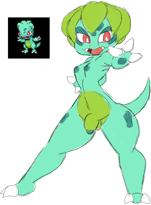 breasts bulbasaur cyanzangoose dickgirl flaccid green_hair green_skin hair hybrid intersex magby nintendo penis pok&eacute;mon pok&eacute;mon_(species) pokefusion red_eyes simple_background small_breasts video_games white_background white_pupils