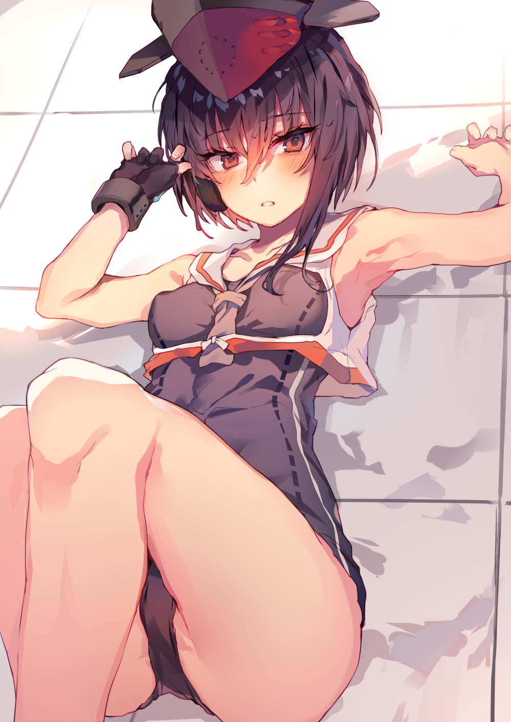 armpits asymmetrical_hair black_hair black_swimsuit brown_eyes crop_top feet_out_of_frame framed_breasts gloves hair_between_eyes headphones highres i-13_(kantai_collection) kantai_collection lying one-piece_swimsuit partly_fingerless_gloves sailor_collar school_swimsuit short_hair single_glove solo soukou_makura swimsuit tsurime