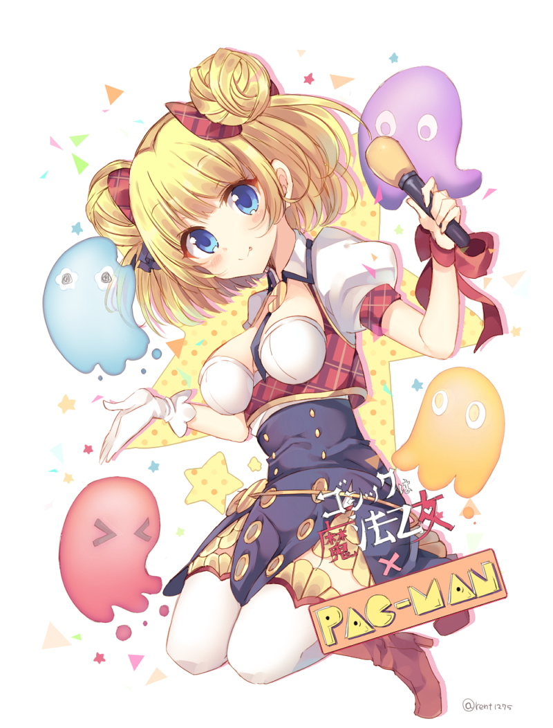 &gt;_&lt; :p akabei aosuke blonde_hair blue_eyes boots bow commentary_request crossover double-breasted double_bun full_body gloves gold_trim gothic_wa_mahou_otome guzuta hair_bow high-waist_skirt holding holding_microphone looking_at_viewer microphone pac-man pac-man_(game) pinky red_bow red_footwear red_ribbon rento_(rukeai) ribbon short_hair single_glove skirt smile solo star starry_background title tongue tongue_out underbust white_gloves white_legwear