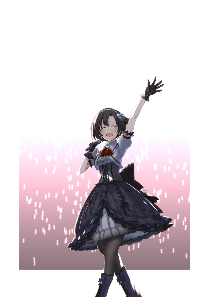 arm_up audience back_bow black_bow black_footwear black_gloves black_hair black_legwear black_skirt boots bow closed_eyes corset gloves hair_ornament holding holding_microphone idolmaster idolmaster_cinderella_girls idolmaster_cinderella_girls_starlight_stage kaoru348 knee_boots lolita_fashion microphone pantyhose shiragiku_hotaru short_hair short_sleeves skirt solo standing white_background