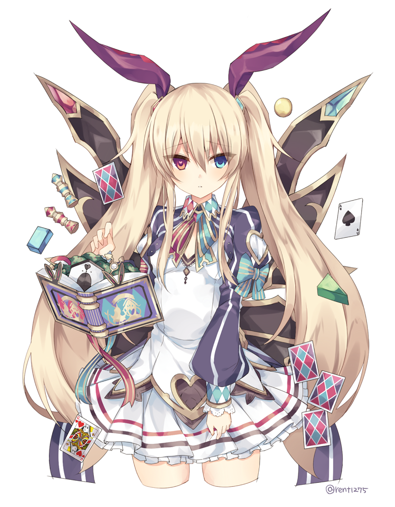 ace_of_spades blue_eyes book bow card chess_piece dress grimms_notes hair_bow heart heart-shaped_pupils long_sleeves looking_at_viewer multicolored multicolored_clothes multicolored_dress playing_card purple_dress queen_(chess) queen_of_hearts_(card) red_eyes rento_(rukeai) solo spade_(shape) symbol-shaped_pupils thighhighs white_dress