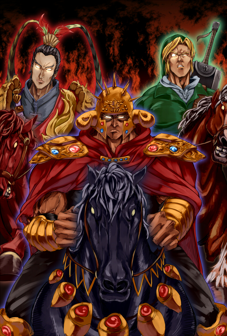asutora aura berserk black_pants blonde_hair bracelet cape closed_mouth commentary_request crossover crown epona frown gem glowing glowing_eyes green_hat hat helmet hokuto_no_ken horned_helmet horse horseback_riding jewelry kokuou-gou link looking_at_viewer lu_bu male_focus multiple_boys muscle necklace no_pupils pants raou_(hokuto_no_ken) red_cape red_hare riding shin_sangoku_musou spikes sword the_legend_of_zelda vest weapon weapon_on_back when_you_see_it
