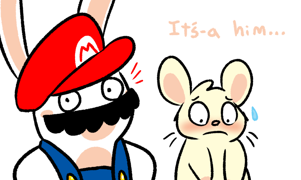 black_mustache blush duo english_text facial_hair hamster hat mammal mario mario_bros mario_hat mustache nintendo nishi oxynard rabbid red_hat rodent sweat sweatdrop text video_games