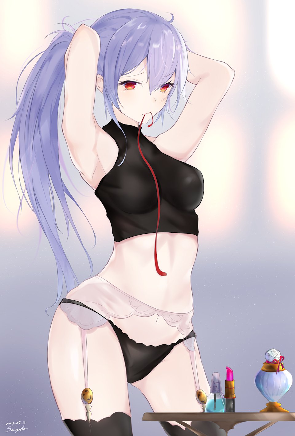 adjusting_hair armpits arms_behind_head arms_up black_panties black_shirt bottle breasts commentary_request fate/grand_order fate_(series) garter_straps hair_between_eyes highres lingerie lipstick_tube long_hair makeup medium_breasts midriff mouth_hold panties perfume_(cosmetics) perfume_bottle ponytail red_eyes ribbon ribbon_in_mouth sai_(saipoko) shirt silver_hair sleeveless sleeveless_shirt sleeveless_turtleneck solo table thighhighs tomoe_gozen_(fate/grand_order) turtleneck tying_hair undershirt underwear