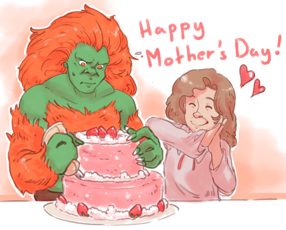 &lt;3 blanka cake capcom food fruit green_skin hair holidays human mammal monster mother mother's_day mother_and_son not_furry orange_hair parent samantha_(street_fighter) son strawberry street_fighter sweat unknown_artist video_games