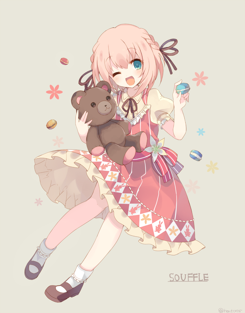 aqua_eyes bow character_name dress floral_background food gothic_wa_mahou_otome hair_bow holding holding_stuffed_animal looking_at_viewer macaron one_eye_closed open_mouth pink_hair red_bow red_dress rento_(rukeai) short_hair smile smole solo souffle_(gothic_wa_mahou_otome) striped stuffed_animal stuffed_toy teddy_bear vertical_stripes