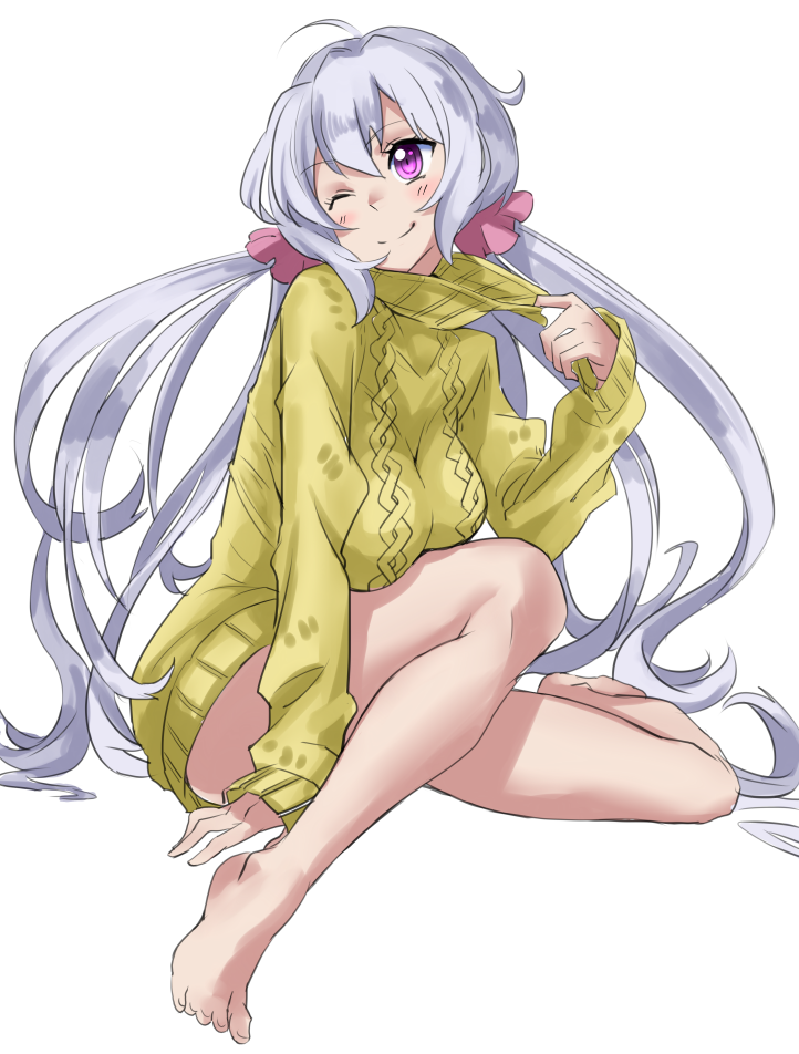 ahoge bare_legs blush breasts eyebrows_visible_through_hair full_body hair_between_eyes hair_ornament hair_scrunchie large_breasts long_hair long_sleeves low_twintails lyrical_denko one_eye_closed pink_scrunchie purple_eyes scrunchie senki_zesshou_symphogear silver_hair simple_background sitting smile solo sweater toes turtleneck turtleneck_sweater twintails very_long_hair white_background yellow_sweater yukine_chris