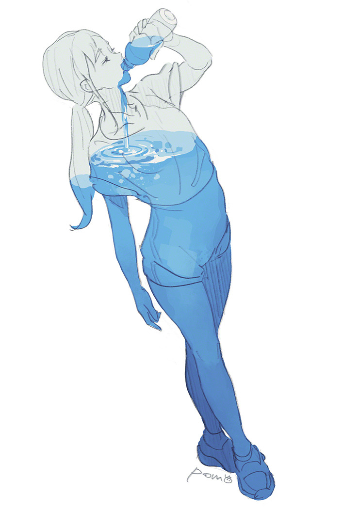 artist_name blue bottle drinking full_body limited_palette long_hair original pomodorosa ponytail pouring shirt shoes solo standing surreal t-shirt transparent water water_bottle