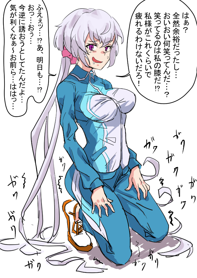 blue_jacket blue_pants breasts commentary_request full_body hands_on_own_thighs jacket kneeling large_breasts long_hair looking_at_viewer lyrical_denko no_ahoge pants purple_eyes purple_hair senki_zesshou_symphogear shoes sneakers solo track_jacket track_pants track_suit translation_request very_long_hair white_background yukine_chris