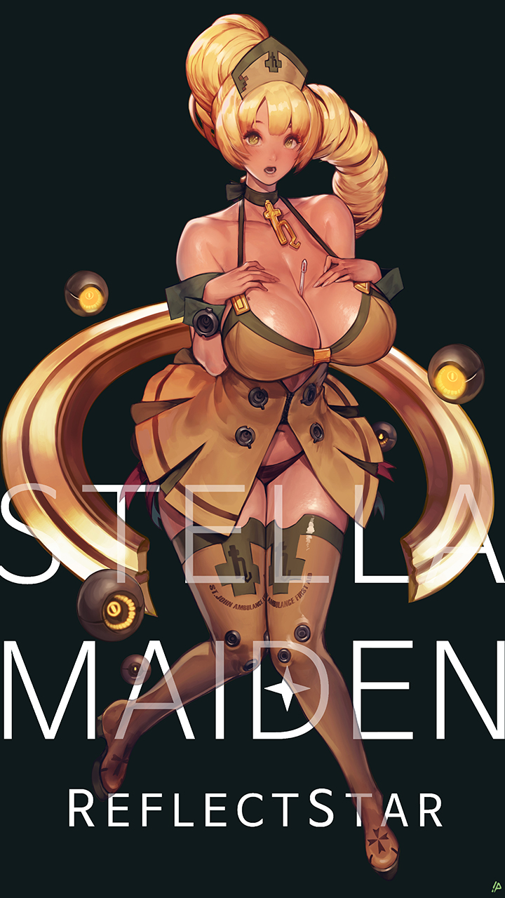 bare_shoulders black_background blush breasts brown_legwear cleavage collarbone drill_hair highres hips huge_breasts instant_ip long_hair looking_at_viewer navel simple_background solo stella_maiden thighhighs thighs yellow_eyes