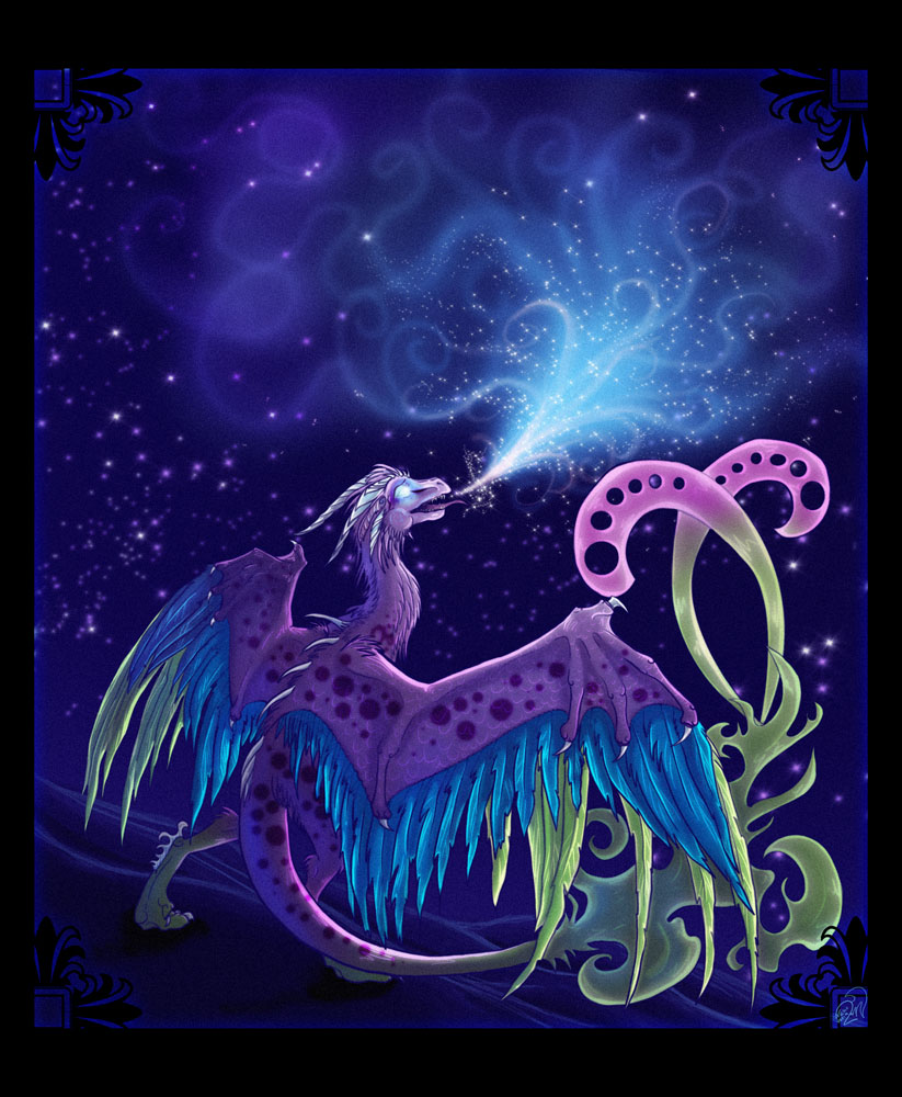 2009 blue_feathers digital_media_(artwork) dragon feathered_dragon feathers feral fur horn neboveria night outside pink_fur solo standing