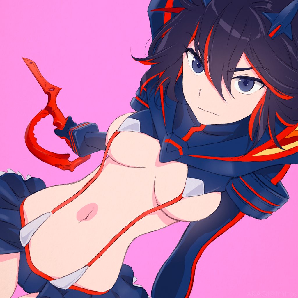 akagi_(fmttps) black_hair blue_eyes breasts closed_mouth commentary_request eyebrows_visible_through_hair holding holding_weapon kill_la_kill looking_at_viewer matoi_ryuuko medium_breasts navel pink_background pleated_skirt revealing_clothes revision school_uniform scissor_blade senketsu serafuku simple_background skirt smile solo suspenders weapon