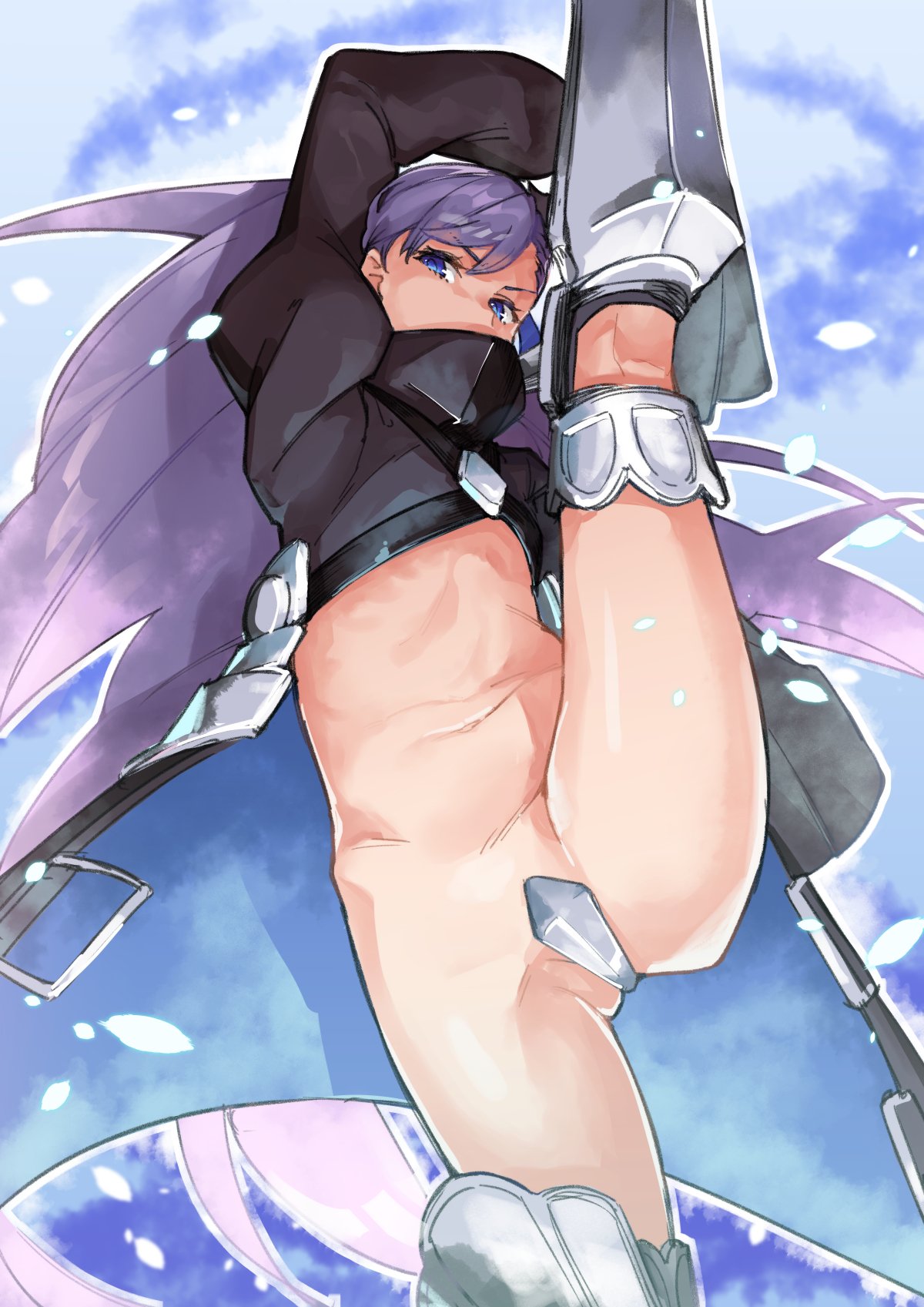 armored_boots axe_kick black_coat boots commentary_request crotch_plate fate/extra fate/extra_ccc fate_(series) high_kick highres kicking kneepits long_hair maebari meltlilith muchi_maro purple_hair revealing_clothes solo very_long_hair