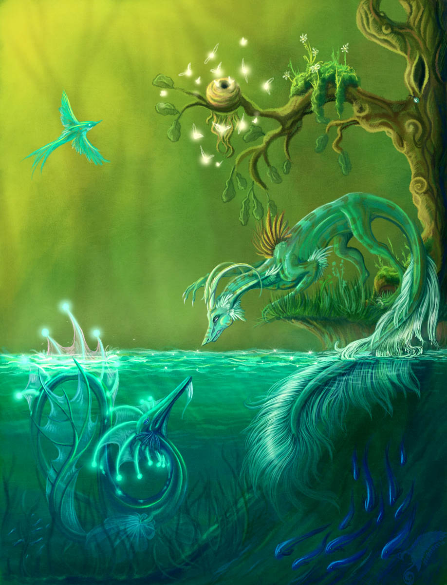 2009 avian bird claws detailed_background digital_media_(artwork) dragon fish flying grass group marine neboveria partially_submerged tree water wings