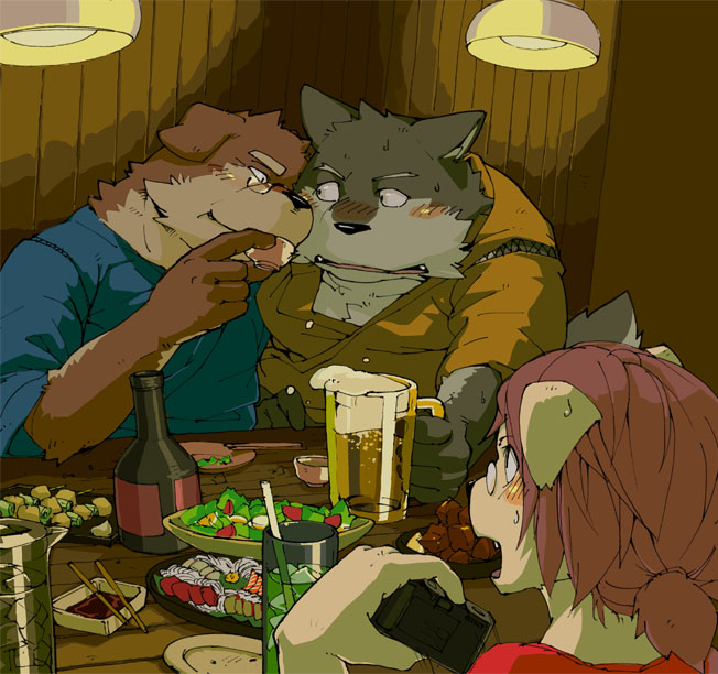 2009 alcohol beverage blush camera canine cold_sweat dog drunk eyewear female flirting food glasses group inside kemono male male/male mammal matomonstera obese overweight sake sitting slightly_chubby wolf