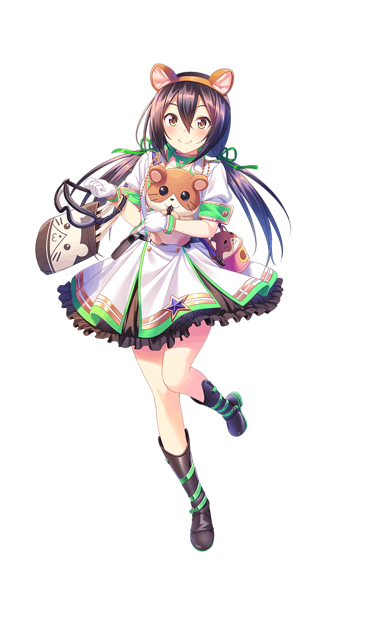 animal_ears bag black_footwear black_hair boots brown_eyes dress fake_animal_ears formation_girls full_body goggles_around_arm green_ribbon hair_ribbon hamster hamster_ears handbag highres long_hair looking_at_viewer low_twintails official_art ozaki_rin ribbon smile solo tenkuu_nozora transparent_background twintails white_dress