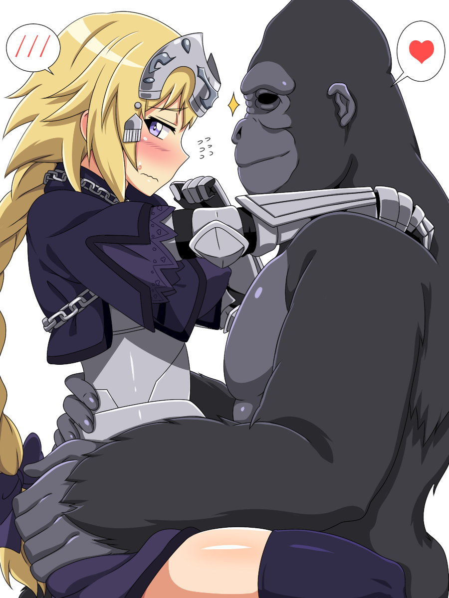 black_legwear blonde_hair blue_eyes blush breasts clothed_sex commentary_request covered_nipples fate/apocrypha fate_(series) girl_on_top gorilla heart highres implied_bestiality implied_sex jeanne_d'arc_(fate) jeanne_d'arc_(fate)_(all) kani_club large_breasts ponytail simple_background smile straddling sweat thighhighs tiara upright_straddle white_background